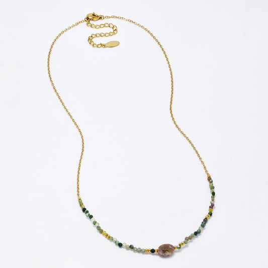 SSMN3015 - Steel 40+5cm natural stone faceted bead necklace