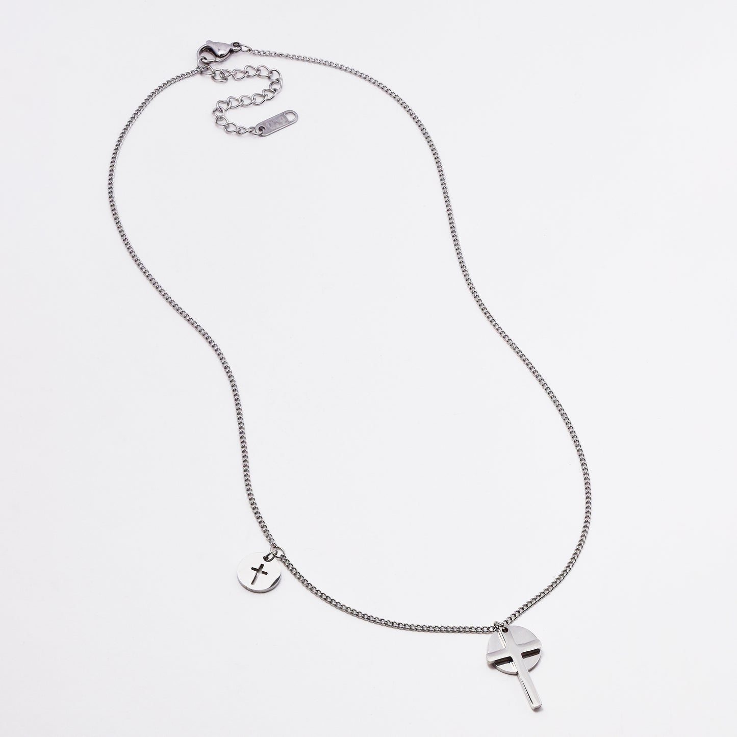 SSMN3038 - Steel 42cm + 6cm cross and disk necklace