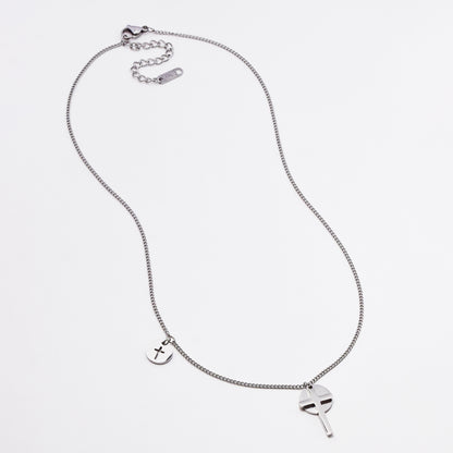 SSMN3038 - Steel 42cm + 6cm cross and disk necklace