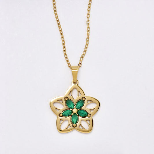 SSMN3057 - Steel double flower CZ necklace