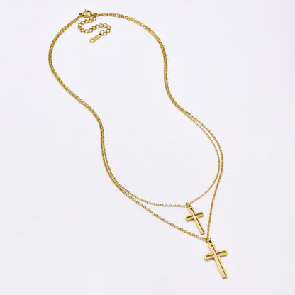 SSMN3163- Steel 45cm + 5cm double cross layered necklace