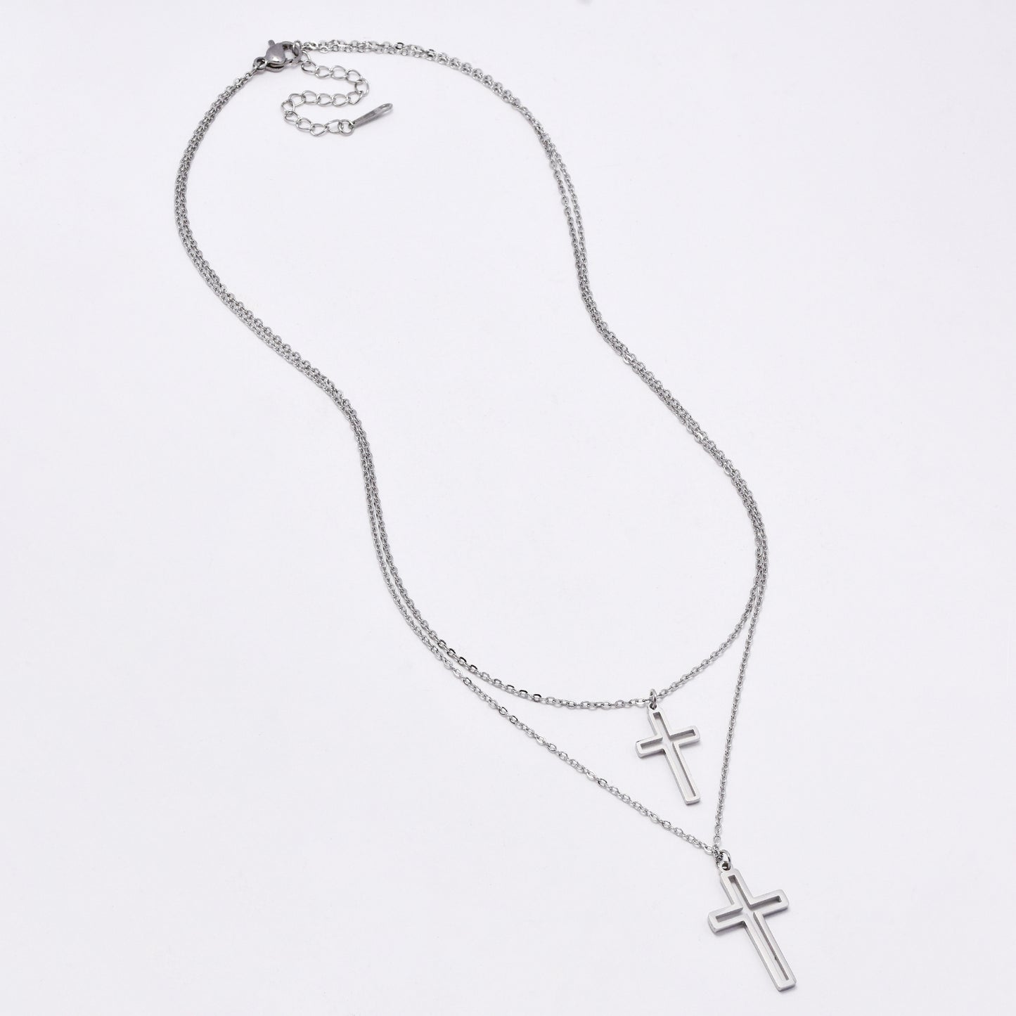 SSMN3163- Steel 45cm + 5cm double cross layered necklace