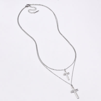 SSMN3163- Steel 45cm + 5cm double cross layered necklace