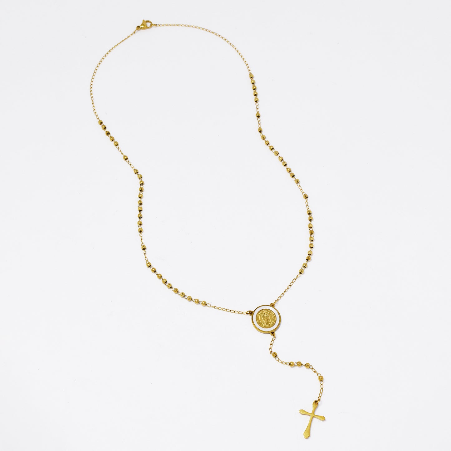 SSMN3166 - Steel 52cm Virgin Mary cross beaded necklace