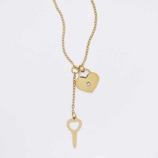 SSMN3205 - Steel 42.5cm + 5cm heart lock & key drop necklace