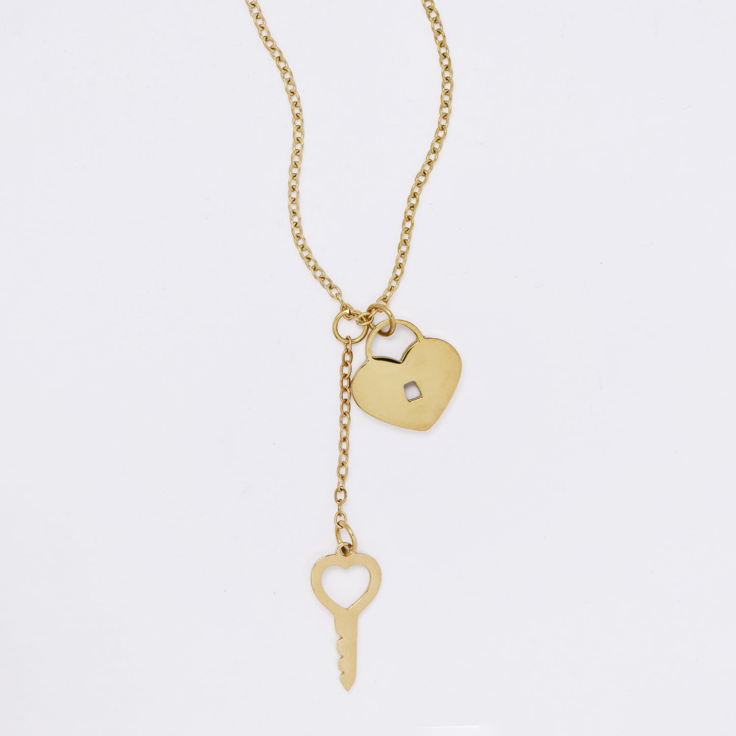 SSMN3205 - Steel 43cm + 5cm heart lock & key drop necklace