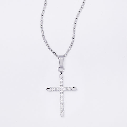 SSMN3225 - Steel 41cm + 5cm CZ cross necklace