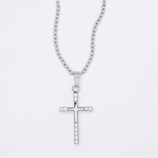 SSMN3226 - Steel 42cm + 5cm CZ cross necklace