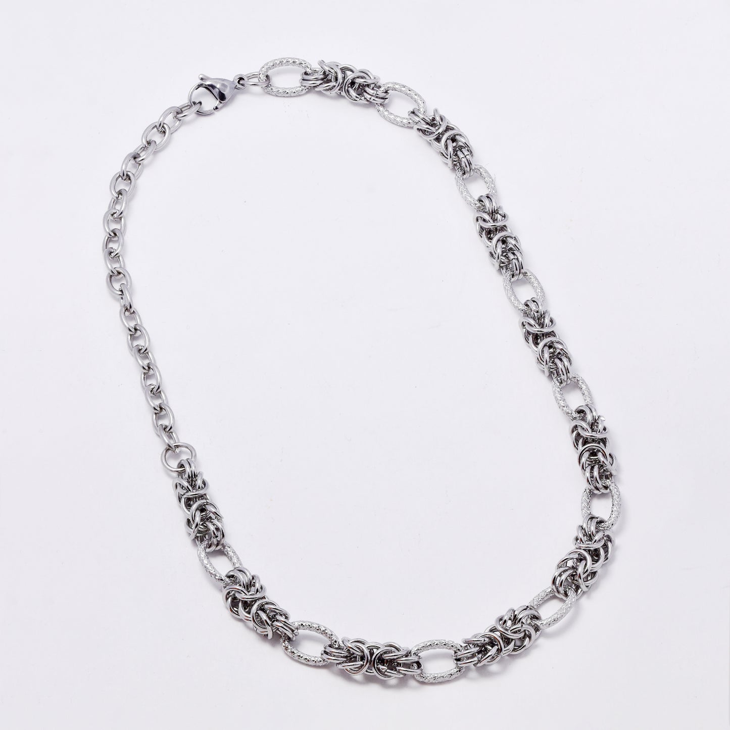 SSMN3283 - Steel 42cm x 9mm mixed link textured necklace