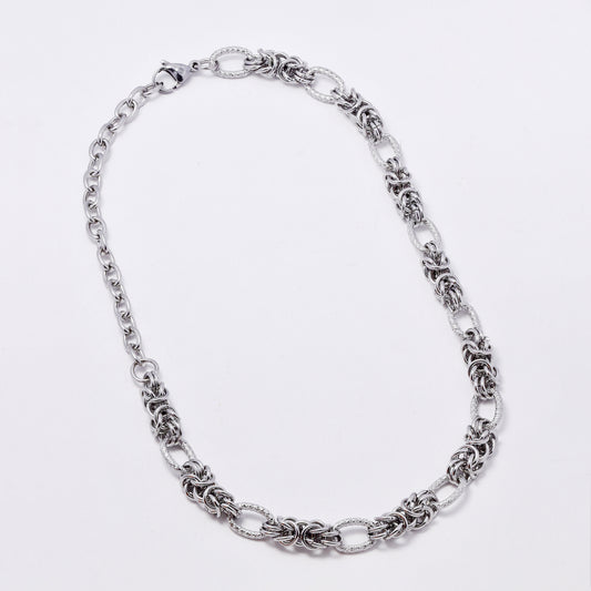 SSMN3283 - Steel 42cm x 9mm mixed link textured necklace