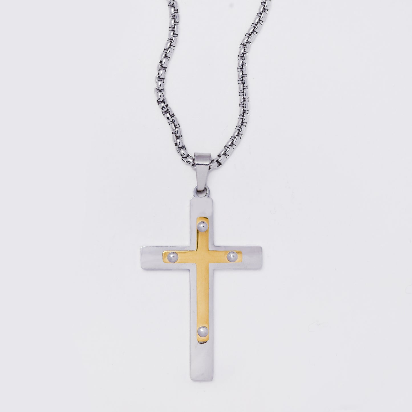 SSMN3378 - Steel 55cm x 2mm two-toned studded cross necklace