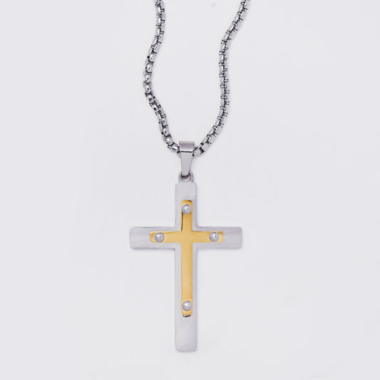 SSMN3378 - Steel 55cm x 2mm two-toned studded cross necklace