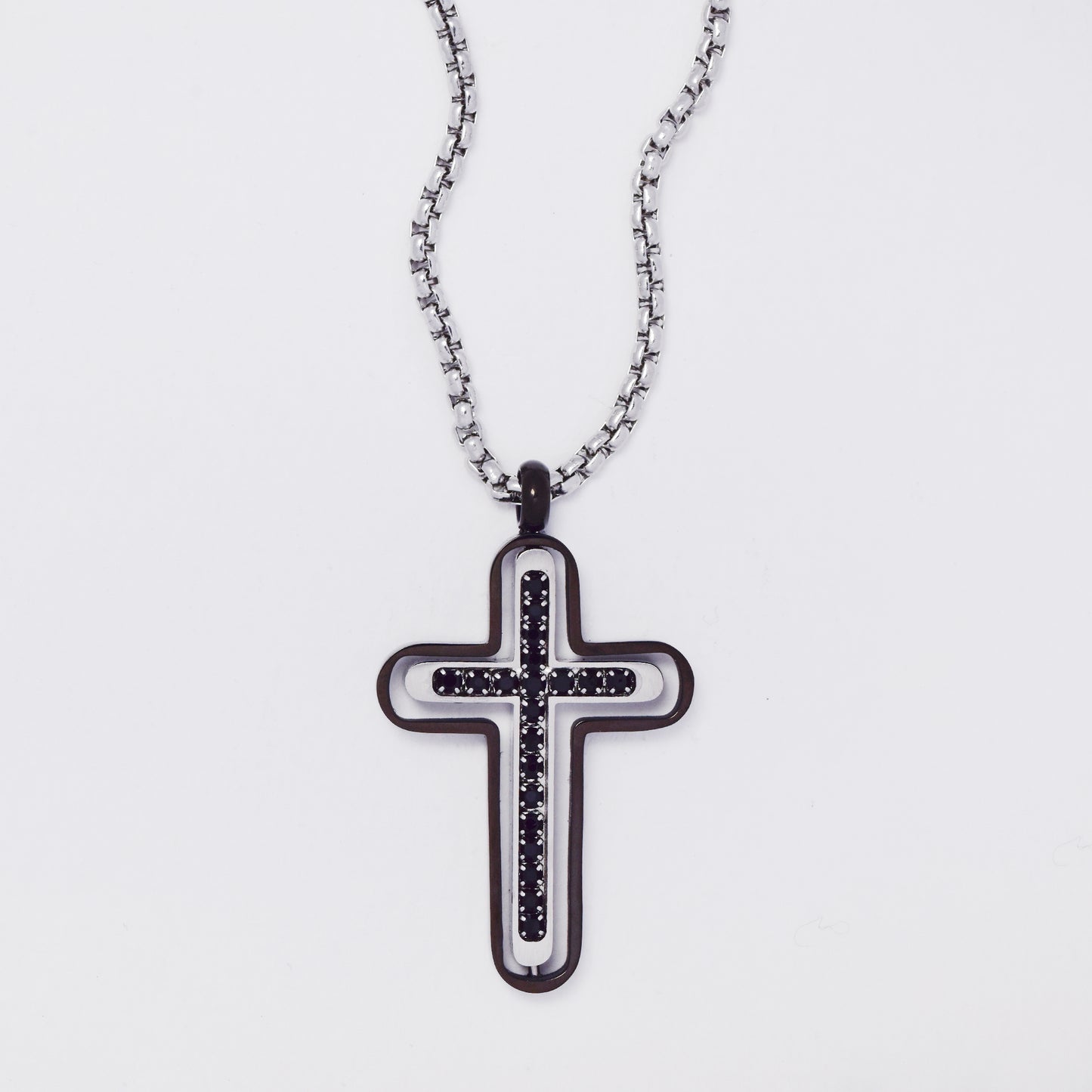 SSMN3379 - Steel 55cm x 2mm two-toned CZ cross necklace