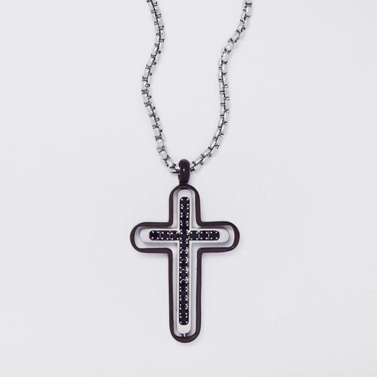 SSMN3379 - Steel 55cm x 2mm two-toned CZ cross necklace