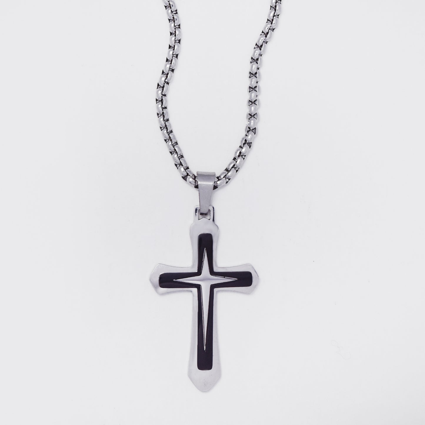 SSMN3381 - Steel 55cm x 2mm two-toned pointy steel cross necklace