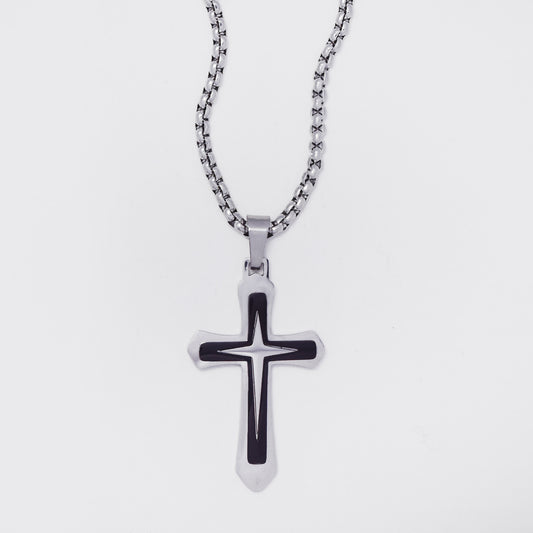 SSMN3381 - Steel 55cm x 2mm two-toned pointy steel cross necklace