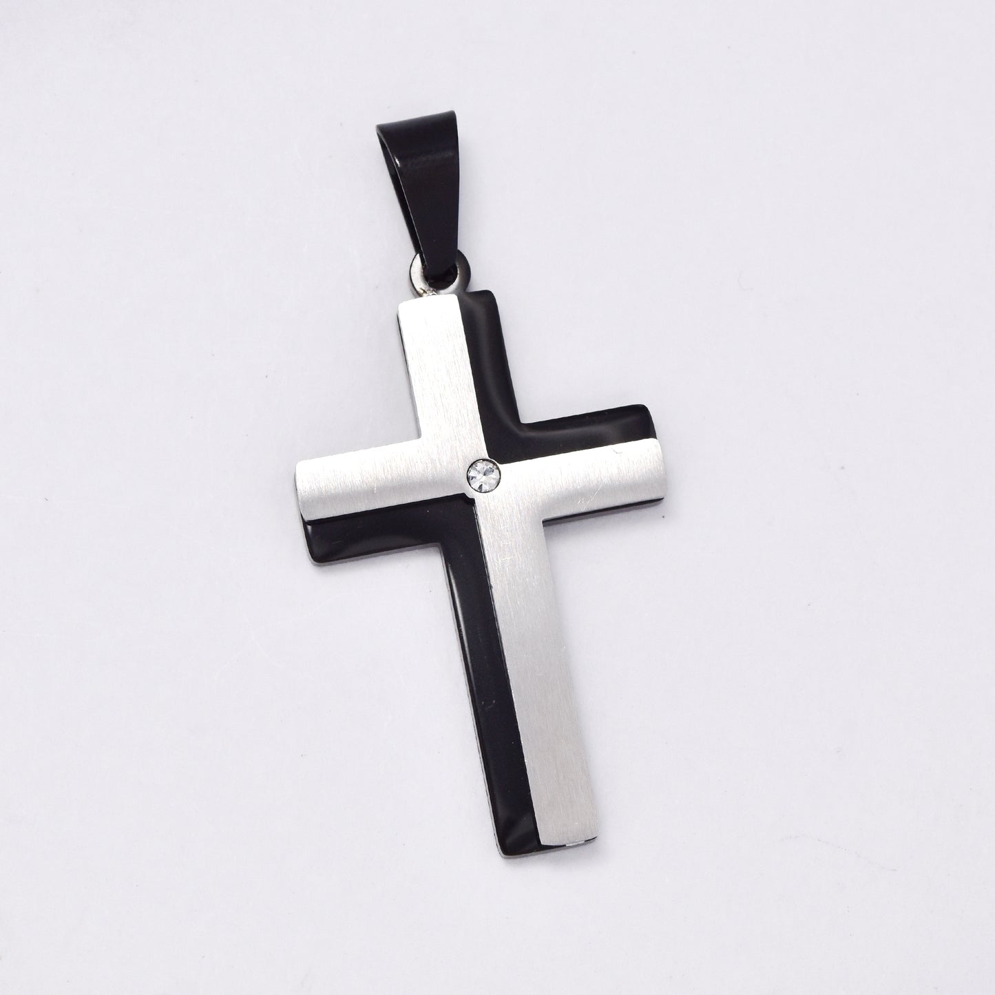 SSMP2983 - Steel 46mm x 23mm brushed and shiny cz cross pendant