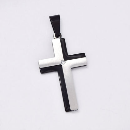 SSMP2983 - Steel 46mm x 23mm brushed and shiny cz cross pendant