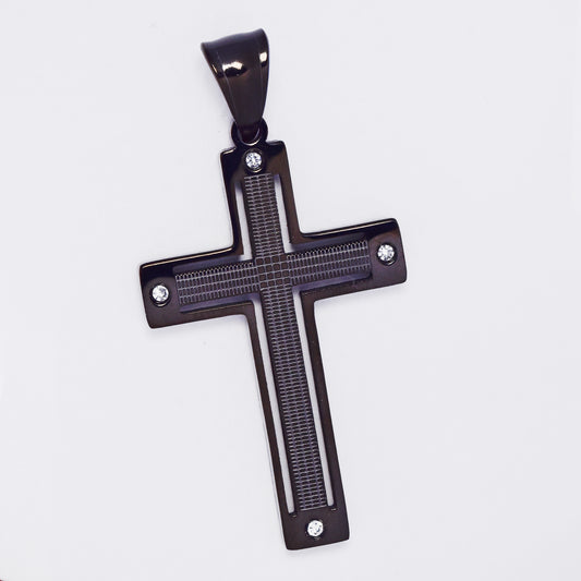SSMP3257 - Steel 42mm x 25mm CZ & pattern cross pendant