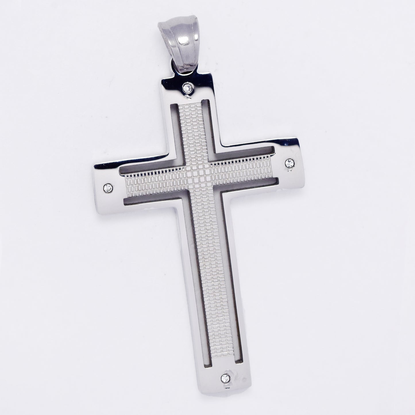 SSMP3257 - Steel 42mm x 25mm CZ & pattern cross pendant