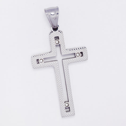 SSMP3258 - Steel 42mm x 25mm CZ cutout cross pendant