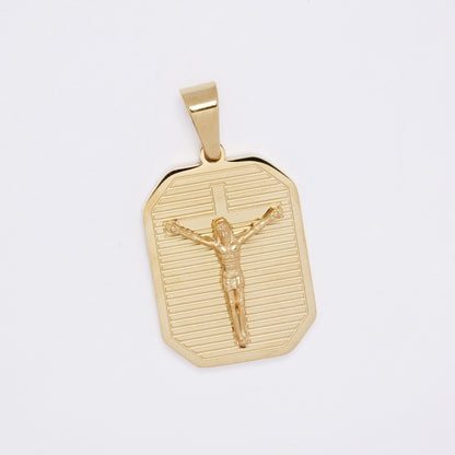 SSMP3294 - Steel 30mm x 21mm lined rectangular disk cricifix pendant