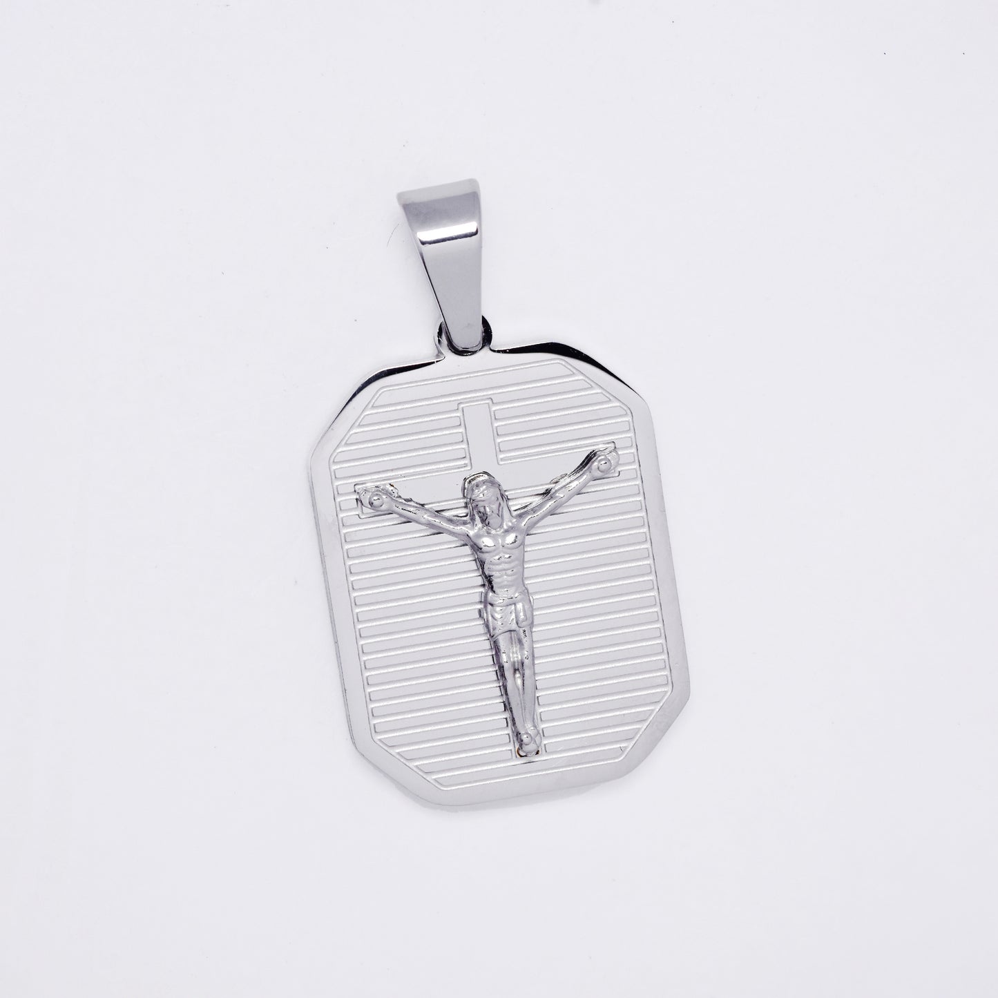 SSMP3294 - Steel 30mm x 21mm lined rectangular disk cricifix pendant