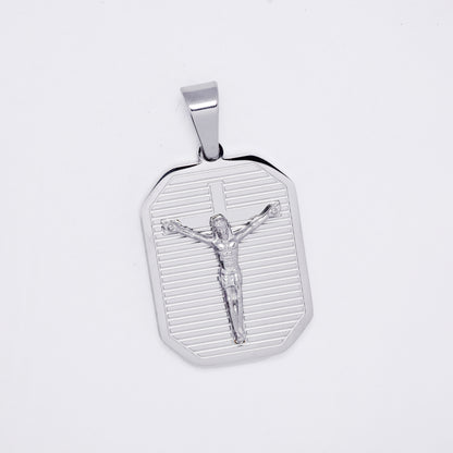 SSMP3294 - Steel 30mm x 21mm lined rectangular disk cricifix pendant