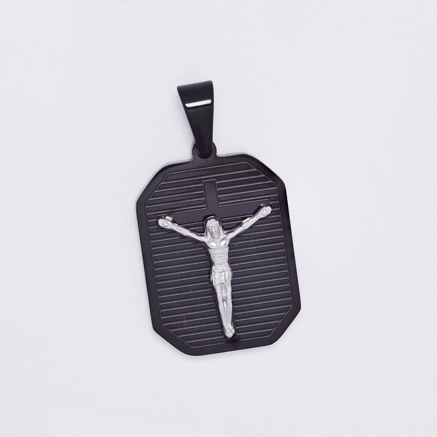 SSMP3294 - Steel 30mm x 21mm lined rectangular disk cricifix pendant