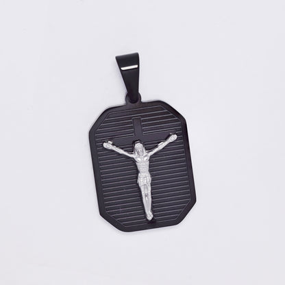 SSMP3294 - Steel 30mm x 21mm lined rectangular disk cricifix pendant