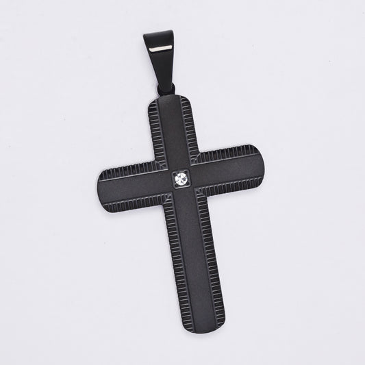 SSMP3300 - Steel 42mm x 38mm ribbed edge CZ cross pendant