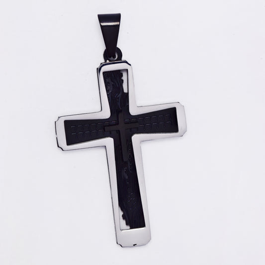 SSMP3336 - Steel 46mm x 30mm abstract pattern cross pendant
