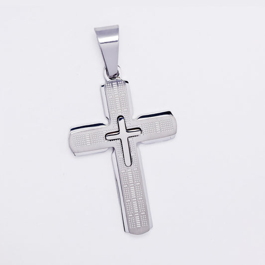 SSMP3342 - Steel 35mm x 22mm geometric pattern cross pendant
