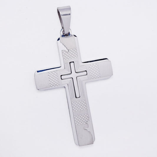SSMP3347 - Steel 46mm x 30mm geometric pattern cross pendant