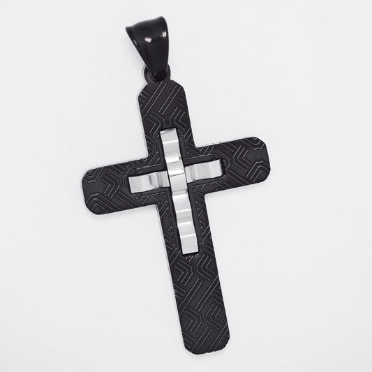 SSMP3348 - Steel 46mm x 29mm two-toned wavy cross pendant