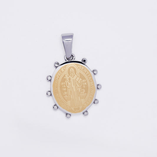 SSMP3446 - Steel 22mm x 19mm decorative border Saint Benedict pendant