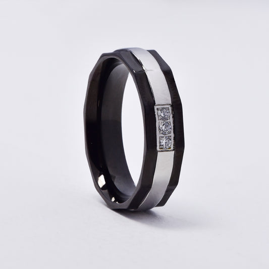 SSMR3076 - Steel 6mm x 2mm black and silver CZ ring
