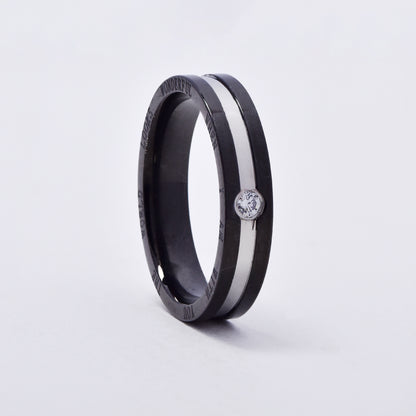 SSMR3079 - Steel 4mm x 2mm two tone inscription CZ ring