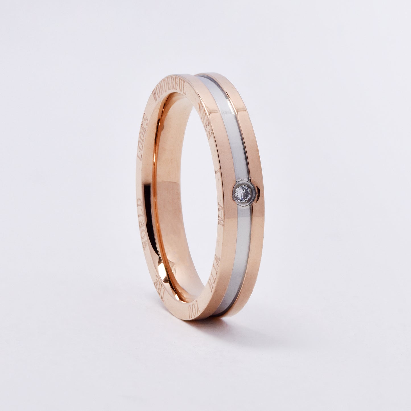 SSMR3079 - Steel 4mm x 2mm two tone inscription CZ ring