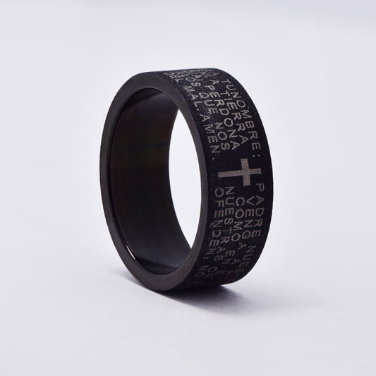SSMR3086 - Steel 8mm x 2mm black glitter Spanish Lord's Prayer ring