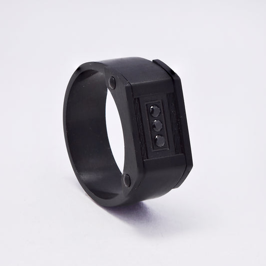 SSMR3389 - Steel 10mm black CZ & rope detail signet ring