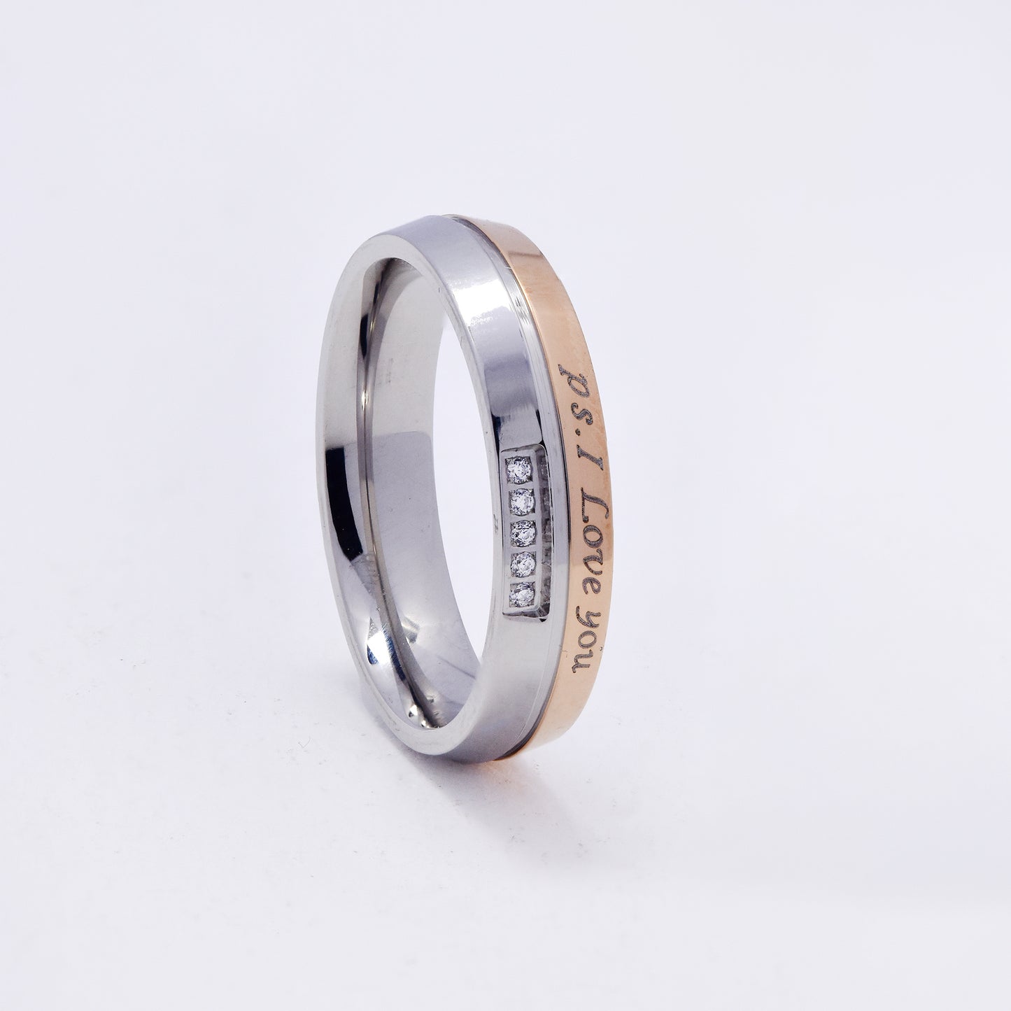 SSMR3397 - Steel 5mm two-toned "ps. I Love You" engraved CZ band