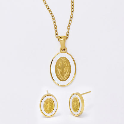 SSMS3045 - Steel Saint Benedict "SENITA MVNIAMVR" religious necklace and earring set