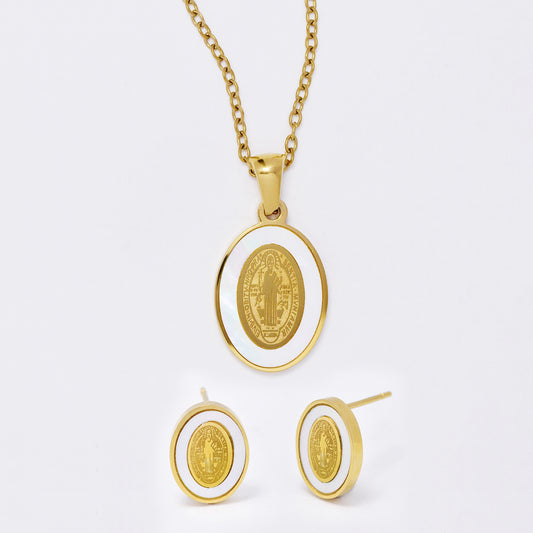 SSMS3045 - Steel Saint Benedict "SENITA MVNIAMVR" religious necklace and earring set