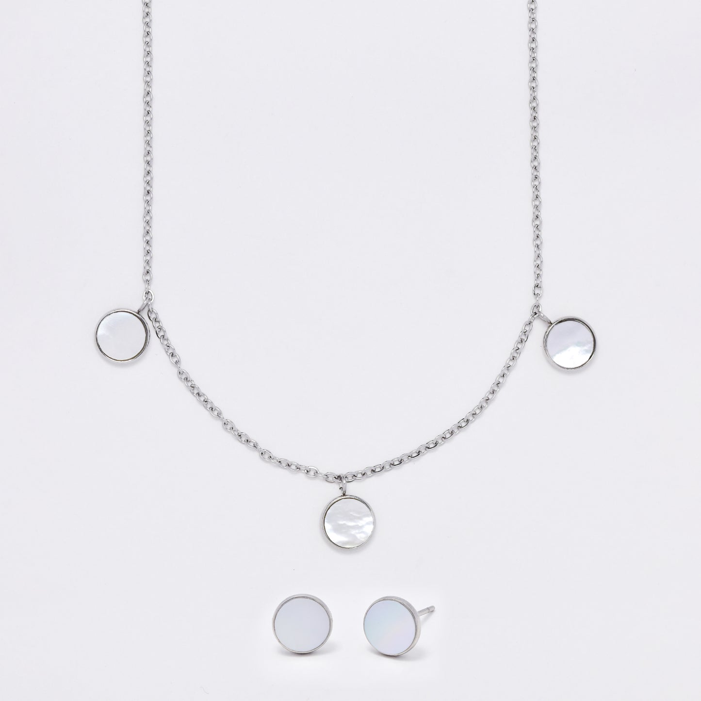 SSMS3112 - Steel 45cm + 5cm shell disk necklace & earring set