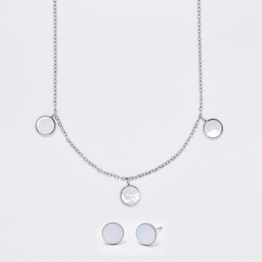 SSMS3112 - Steel 45cm + 5cm shell disk necklace & earring set