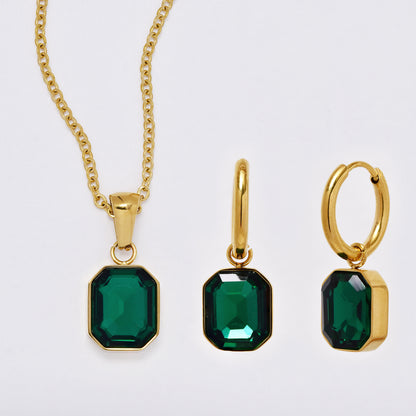 SSMS3113 - Steel 45cm + 5cm green drop necklace & earring set