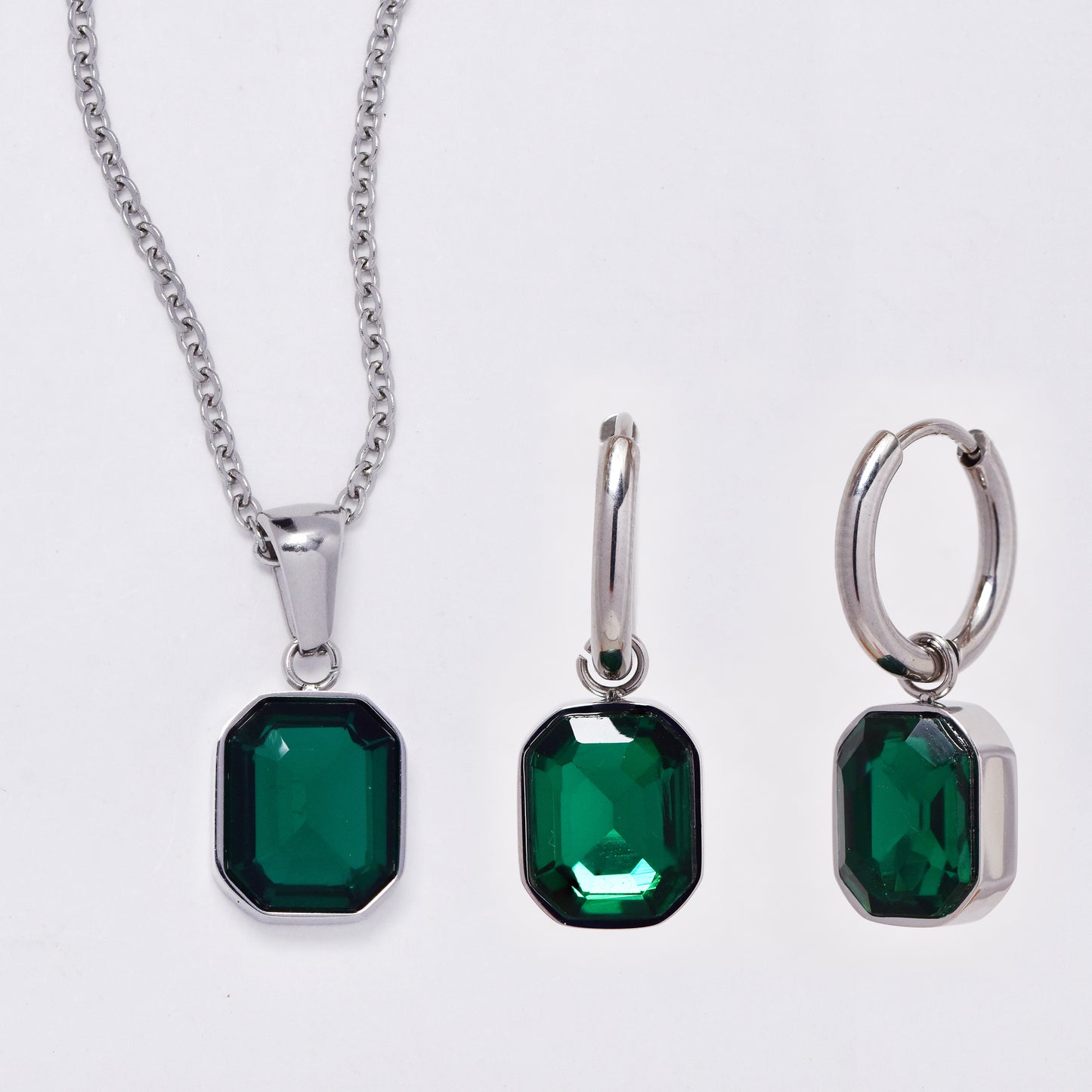 SSMS3113 - Steel 45cm + 5cm green drop necklace & earring set