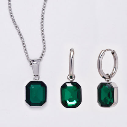 SSMS3113 - Steel 45cm + 5cm green drop necklace & earring set