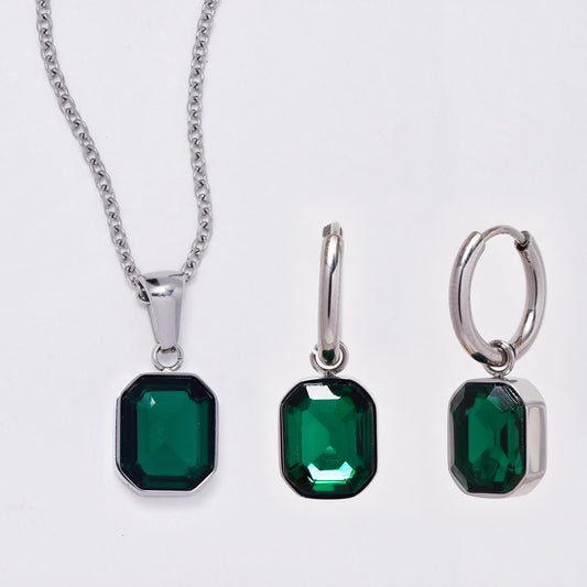 SSMS3113 - Steel 45cm + 5cm green drop necklace & earring set